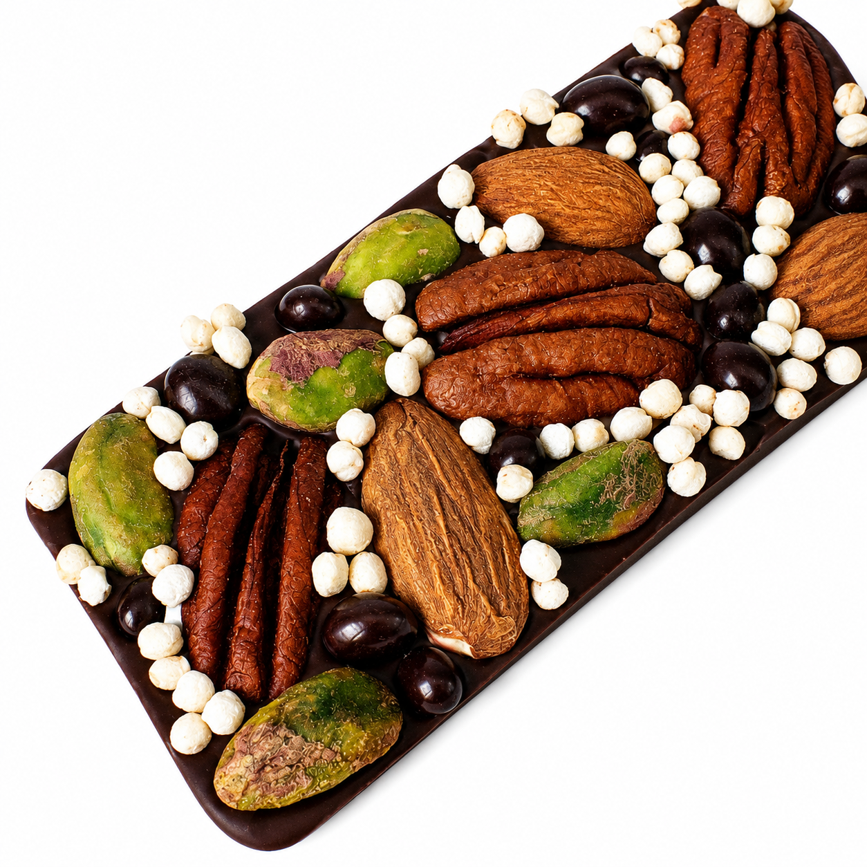 Small handcrafted Belgian dark chocolate bark topped with whole pecans, whole almonds, pistachios, dark chocolate covered cacao nibs, puffed quinoa and golden sparkles