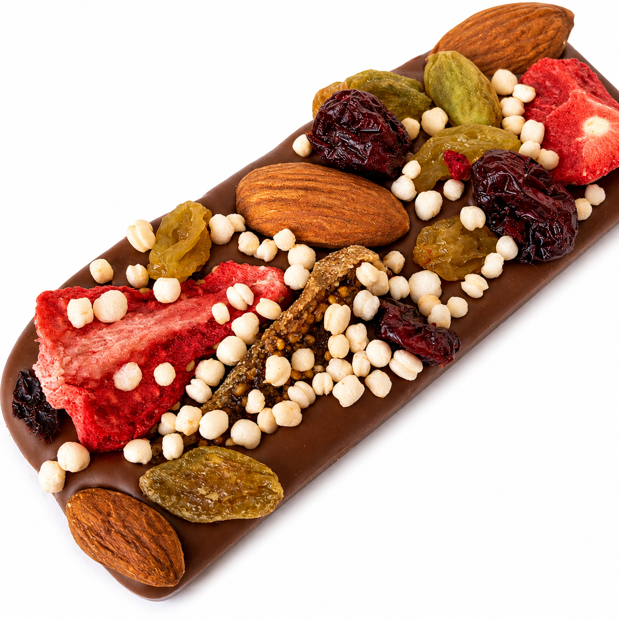 Small handcrafted Belgian milk chocolate bark topped with freeze-dried strawberries, dried cranberries, dried golden raisins, pistachios, whole almonds, puffed quinoa and gold sparkles