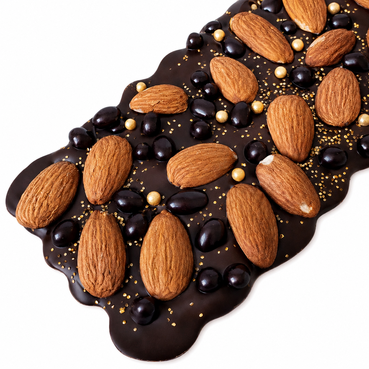 Large handcrafted Belgian dark chocolate bark topped with whole almonds, dark chocolate organic cacoa nibs, and gold sparkles
