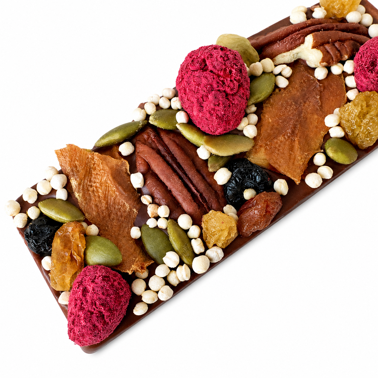 Small handcrafted Belgian milk chocolate bark topped with freeze-dried raspberries, dried blueberries, dried mangos, golden raisins, pecans, pumpkin seeds, puffed quinoa and gold sparkles.