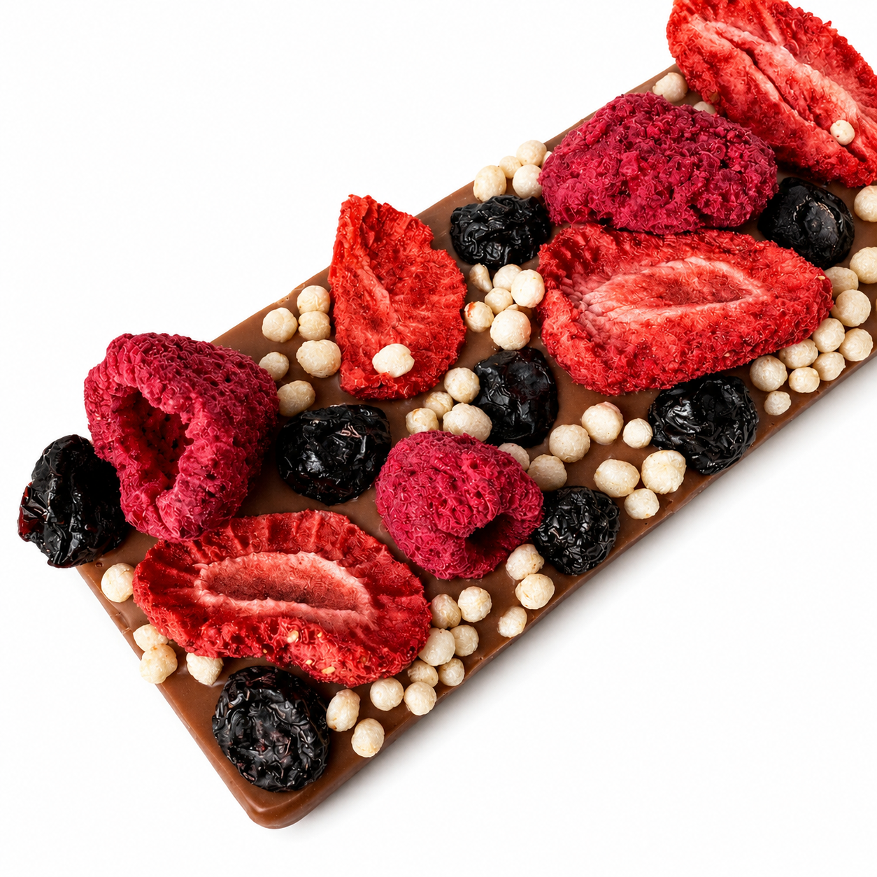 Small Belgian milk chocolate bark with freeze-dried strawberries and raspberries, dried blueberries, puffed organic quinoa.