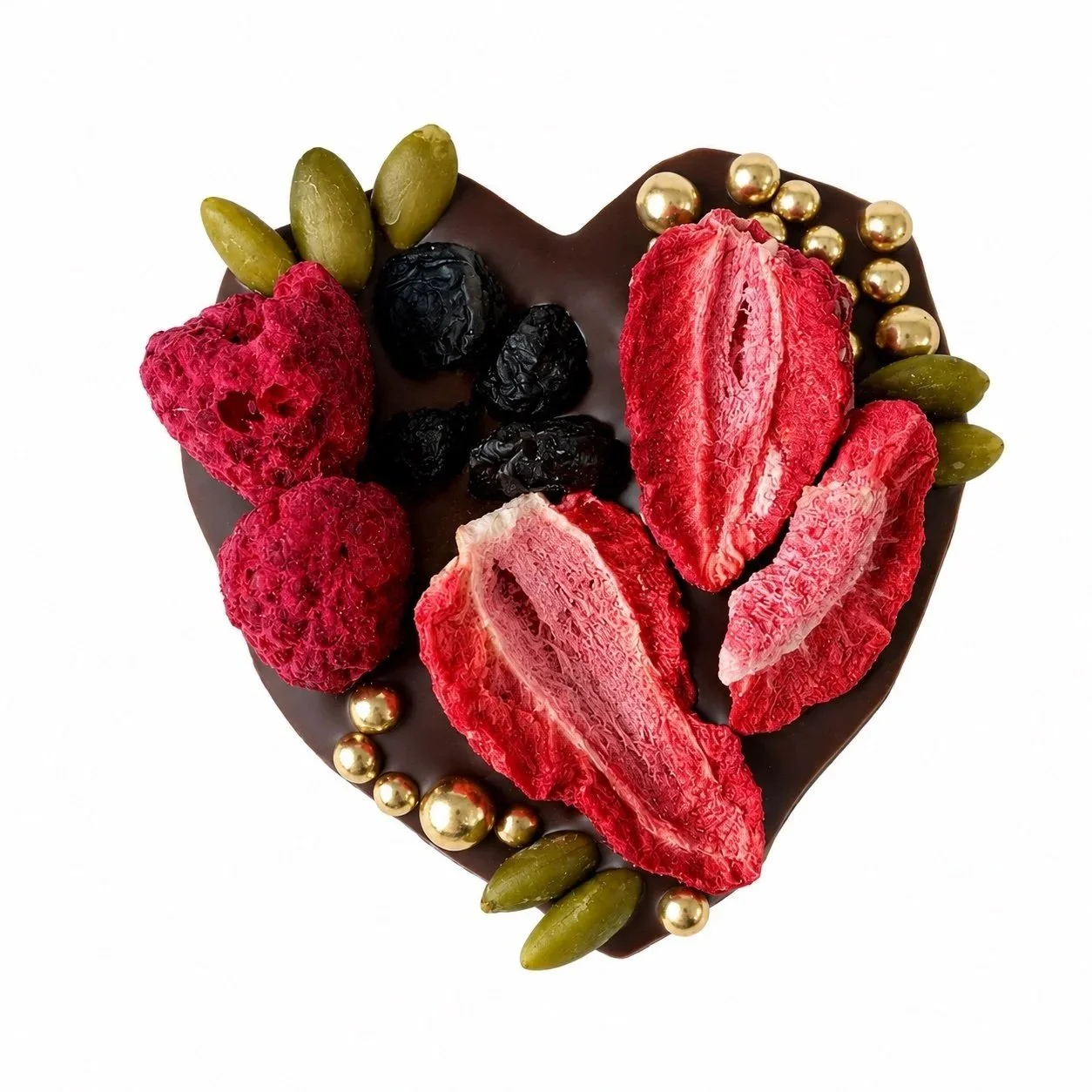 Belgian dark chocolate heart wedding favour topped with freeze-dried strawberry slices, freeze-dried whole raspberries, dried blueberries, pumpkin seeds, bright gold dragees