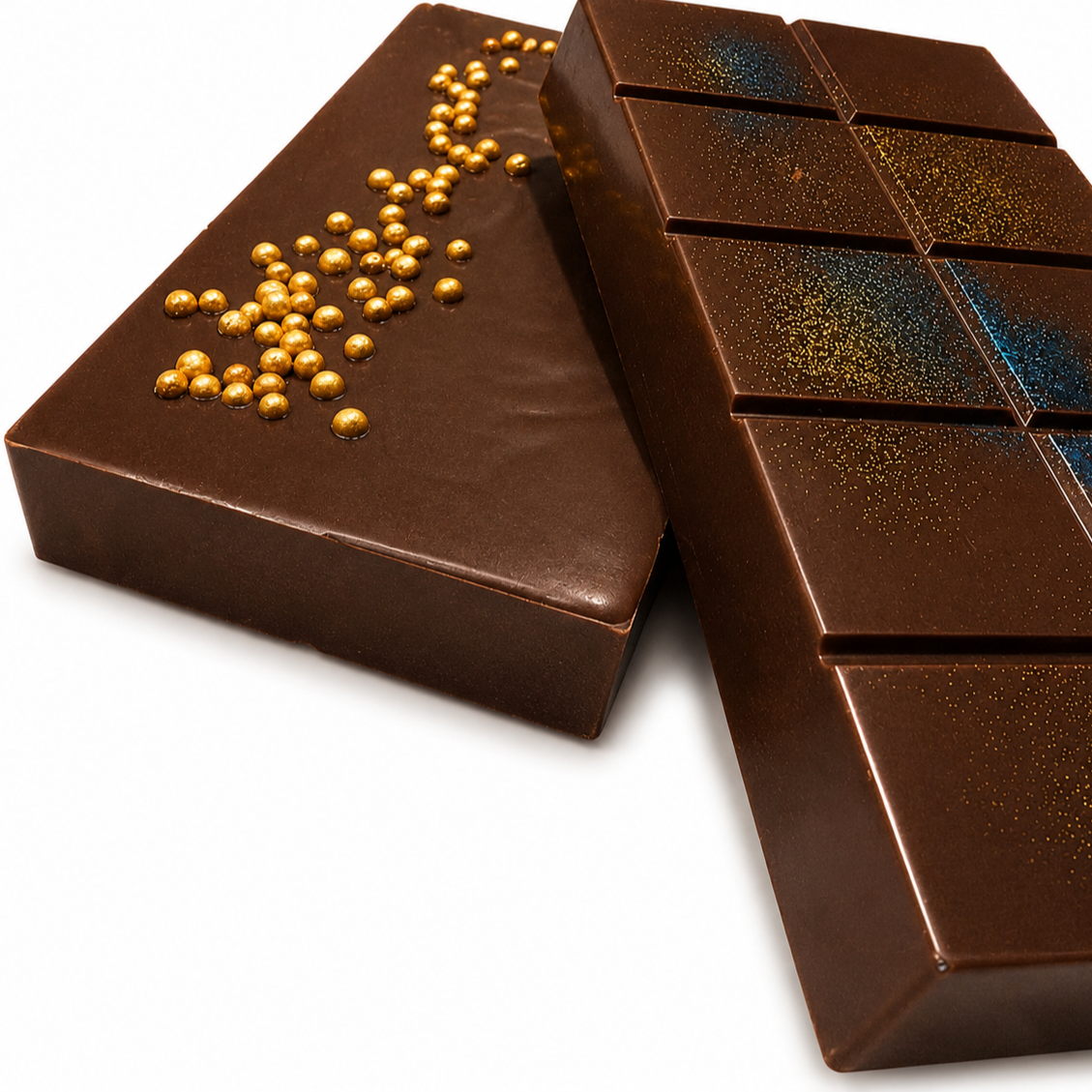 Large caramel-filled Belgian dark chocolate bark, topped with gold sprinkles and coloured sparkles.