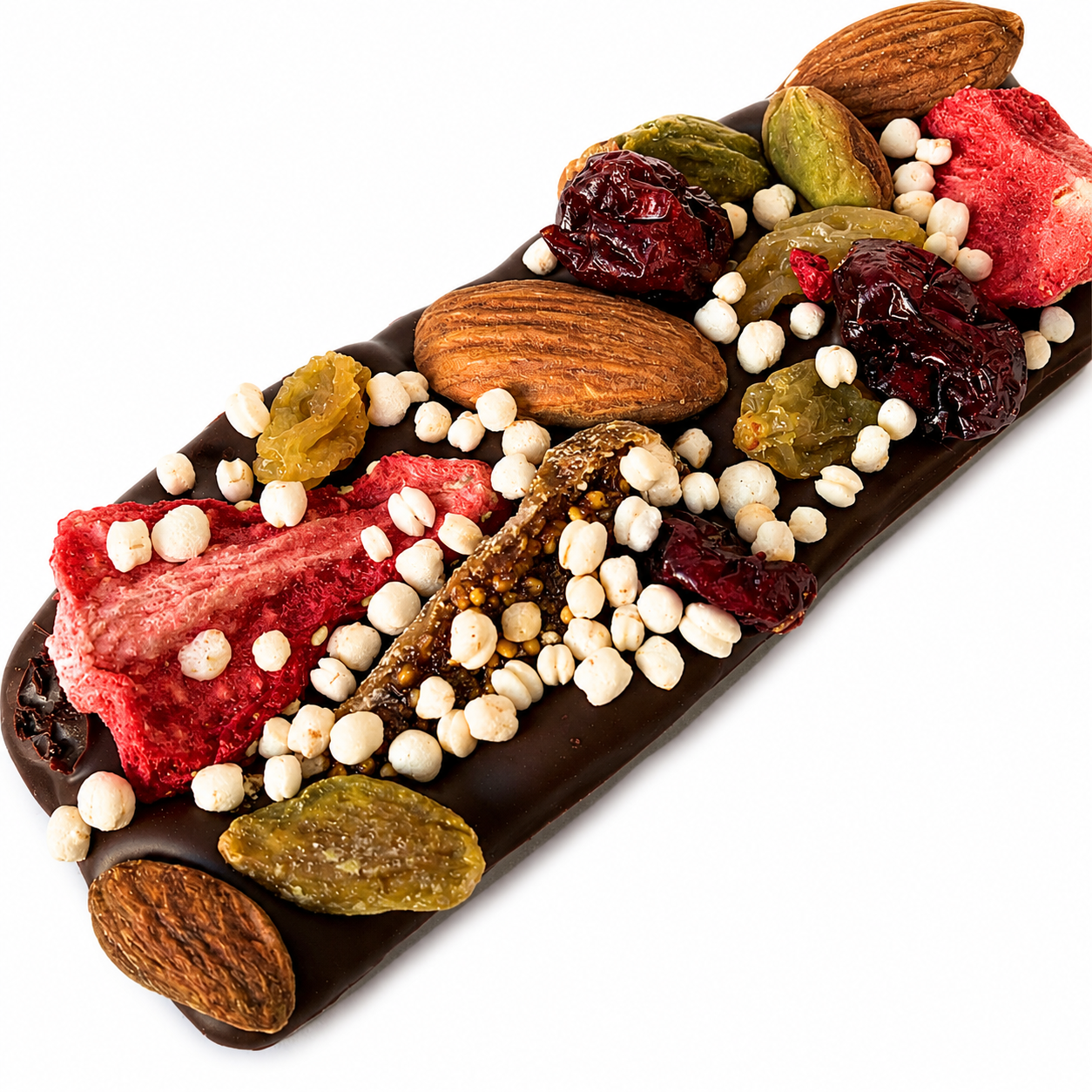 Small handcrafted Belgian dark chocolate bark topped with freeze-dried strawberries, dried cranberries, dried golden raisins, pistachios, whole almonds, puffed quinoa and gold sparkles