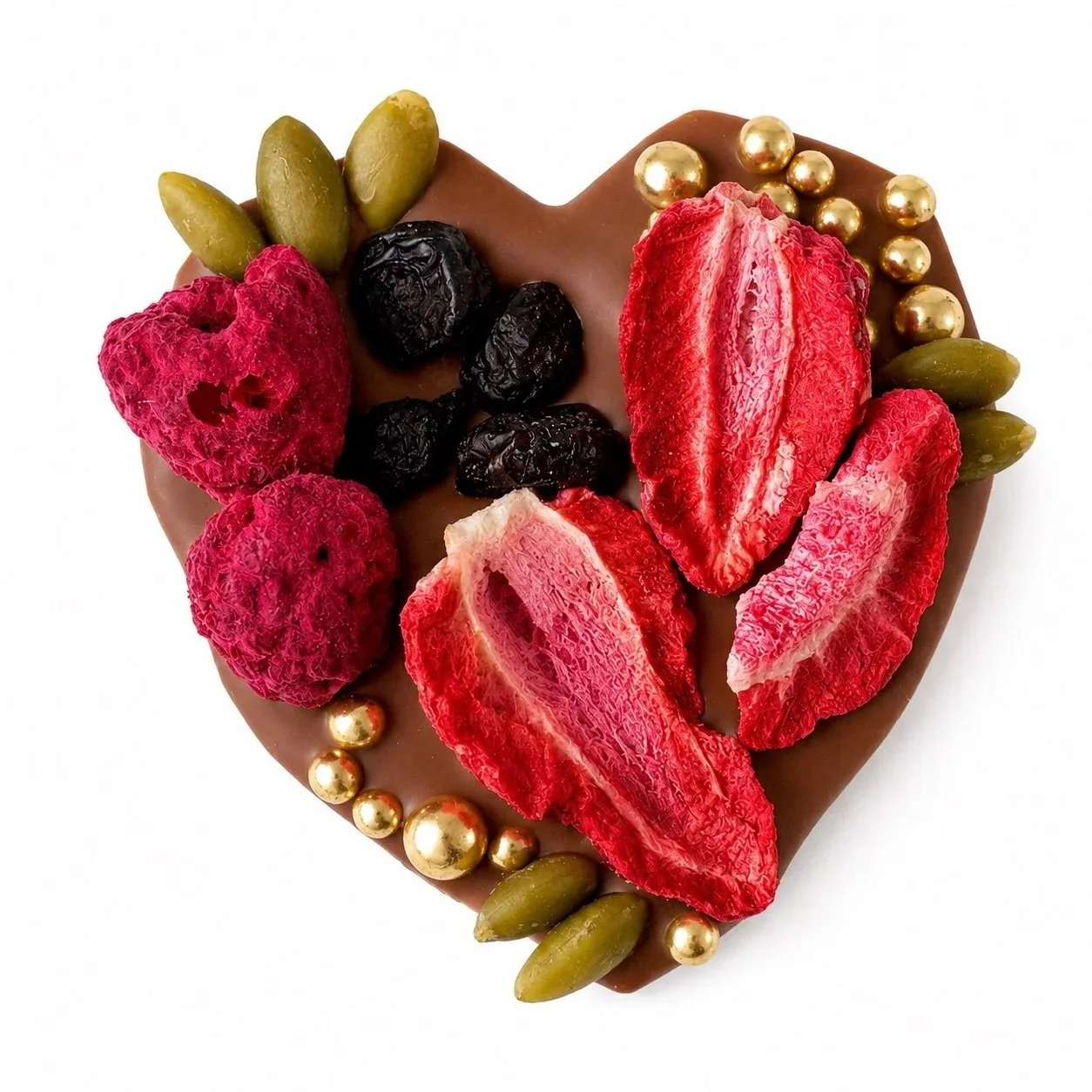 Belgian milk chocolate heart wedding favour topped with freeze-dried strawberry slices, freeze-dried whole raspberries, dried blueberries, pumpkin seeds, bright gold dragees