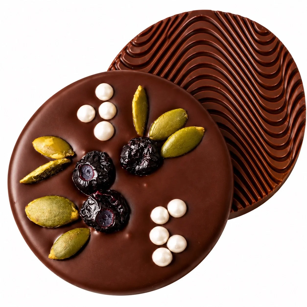 Belgian dark chocolate round wedding favour topped with dried blueberries, pumpkin seeds, pearlescent white dragees