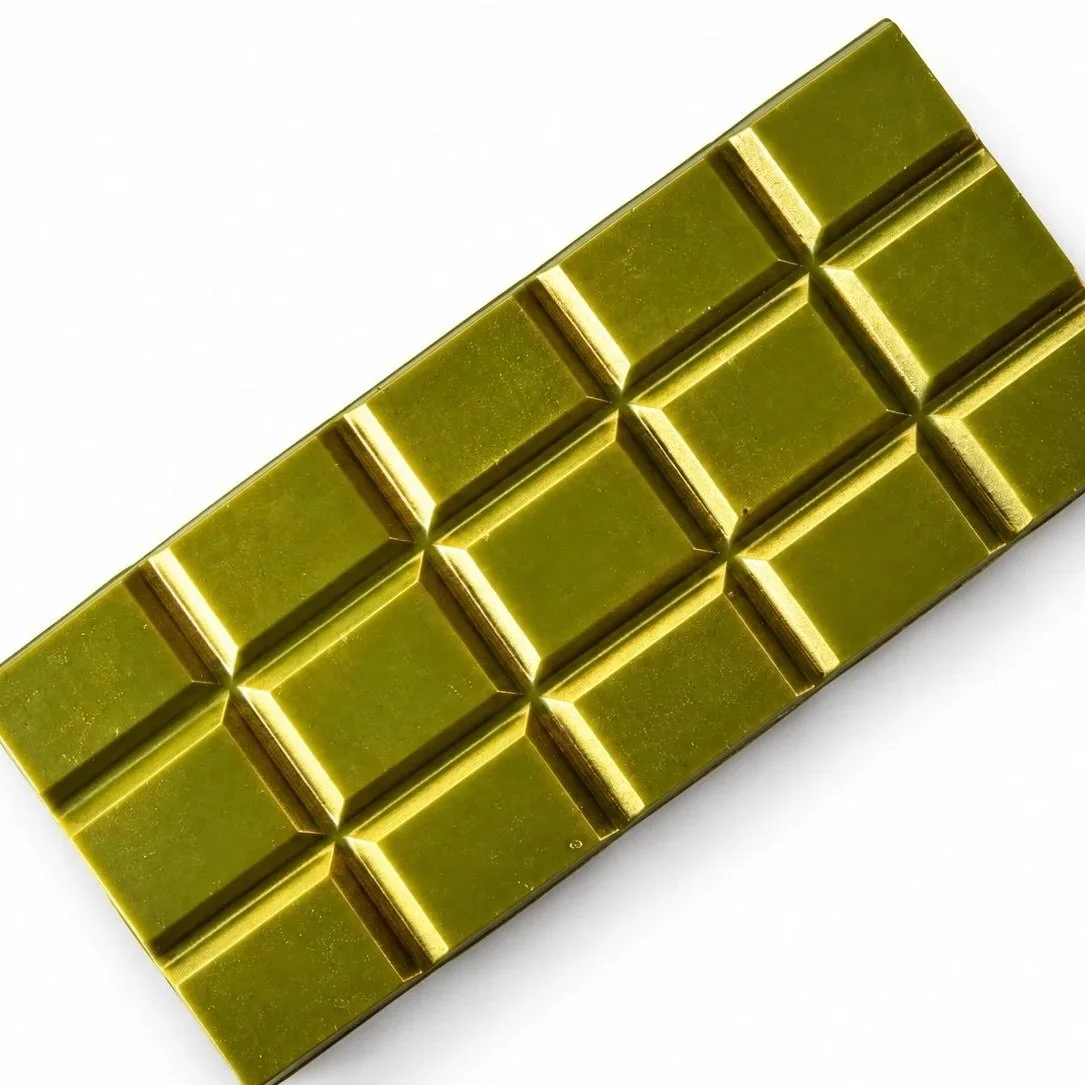 Green, rectangular chocolate bar, finished with gold lustre dust.