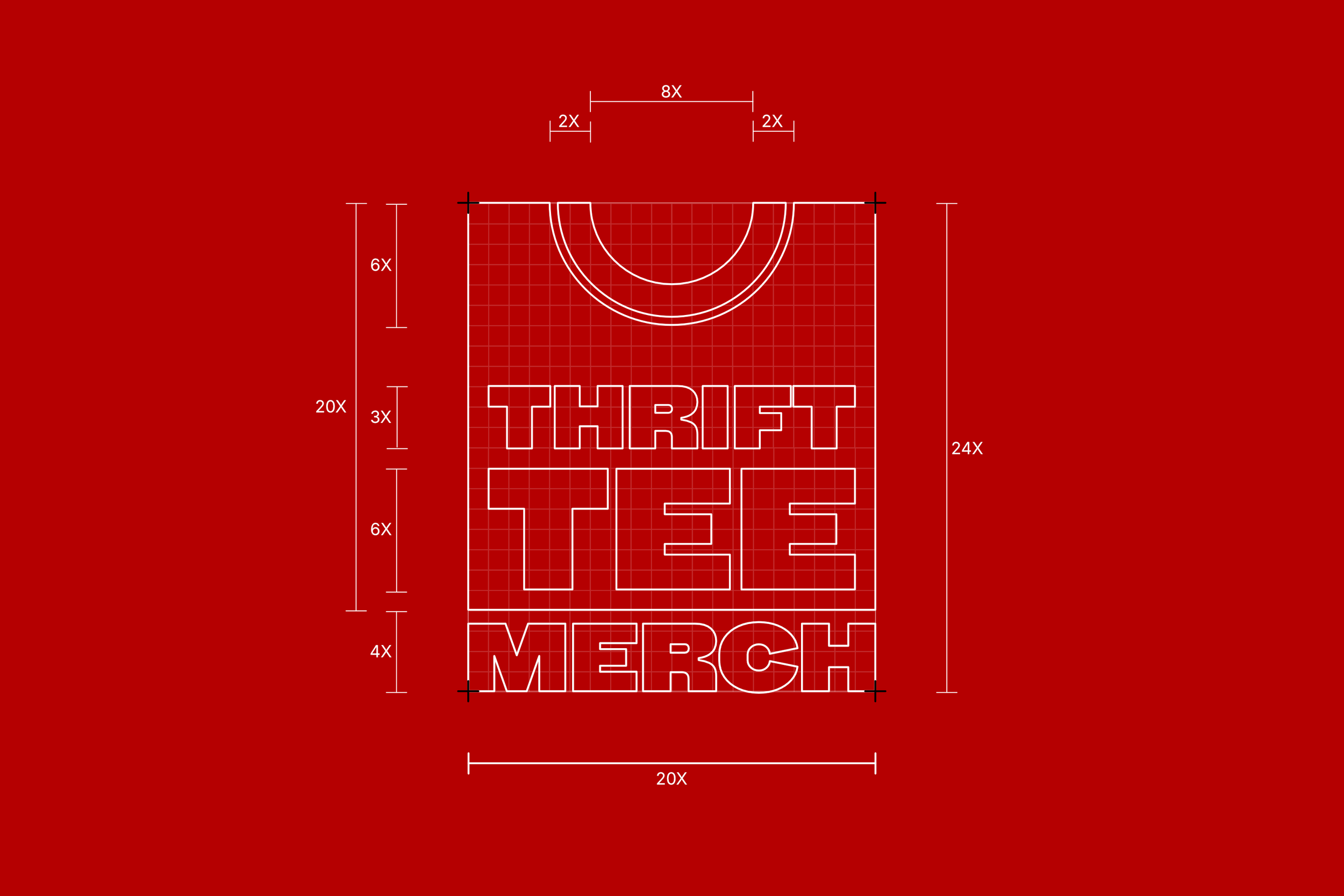 Red blueprint-style thrift store sign layout labeled “THRIFT TEES,” with a hanger icon, grid, and dimensional measurements.