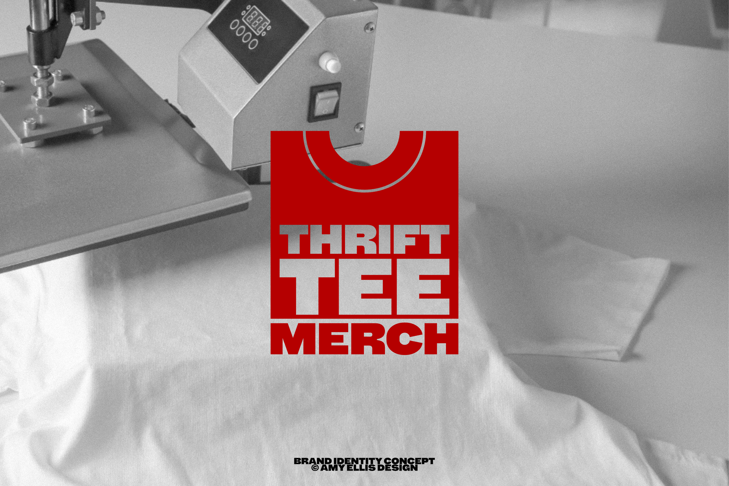 Graphic design concept featuring a heat press machine and bold red-and-white “THRIFT TEE MERCH” typography.