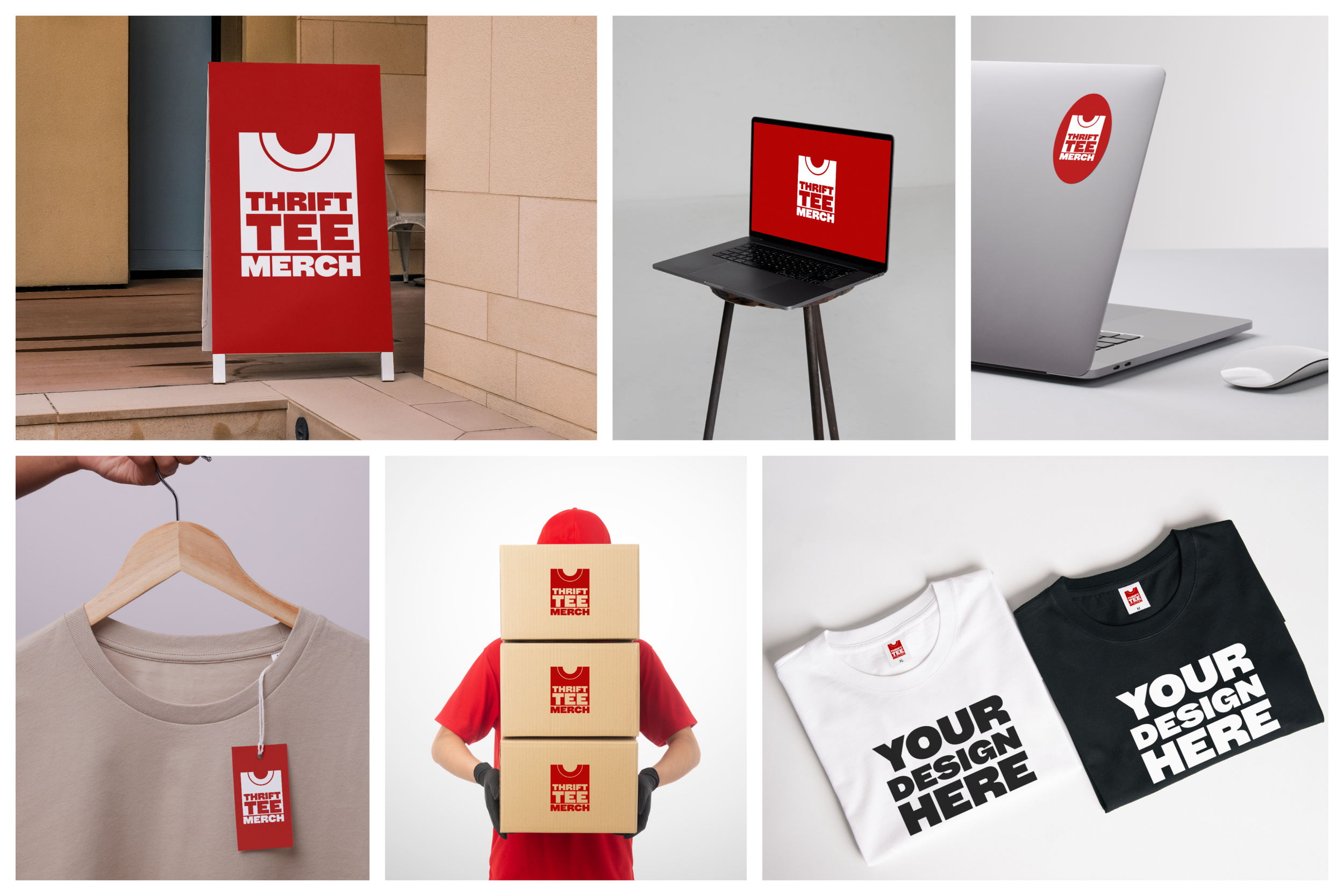 Collage showcasing Thrift Tee Merch branding on a storefront sign, laptop, clothing tag, shipping boxes, and customizable T-shirts.