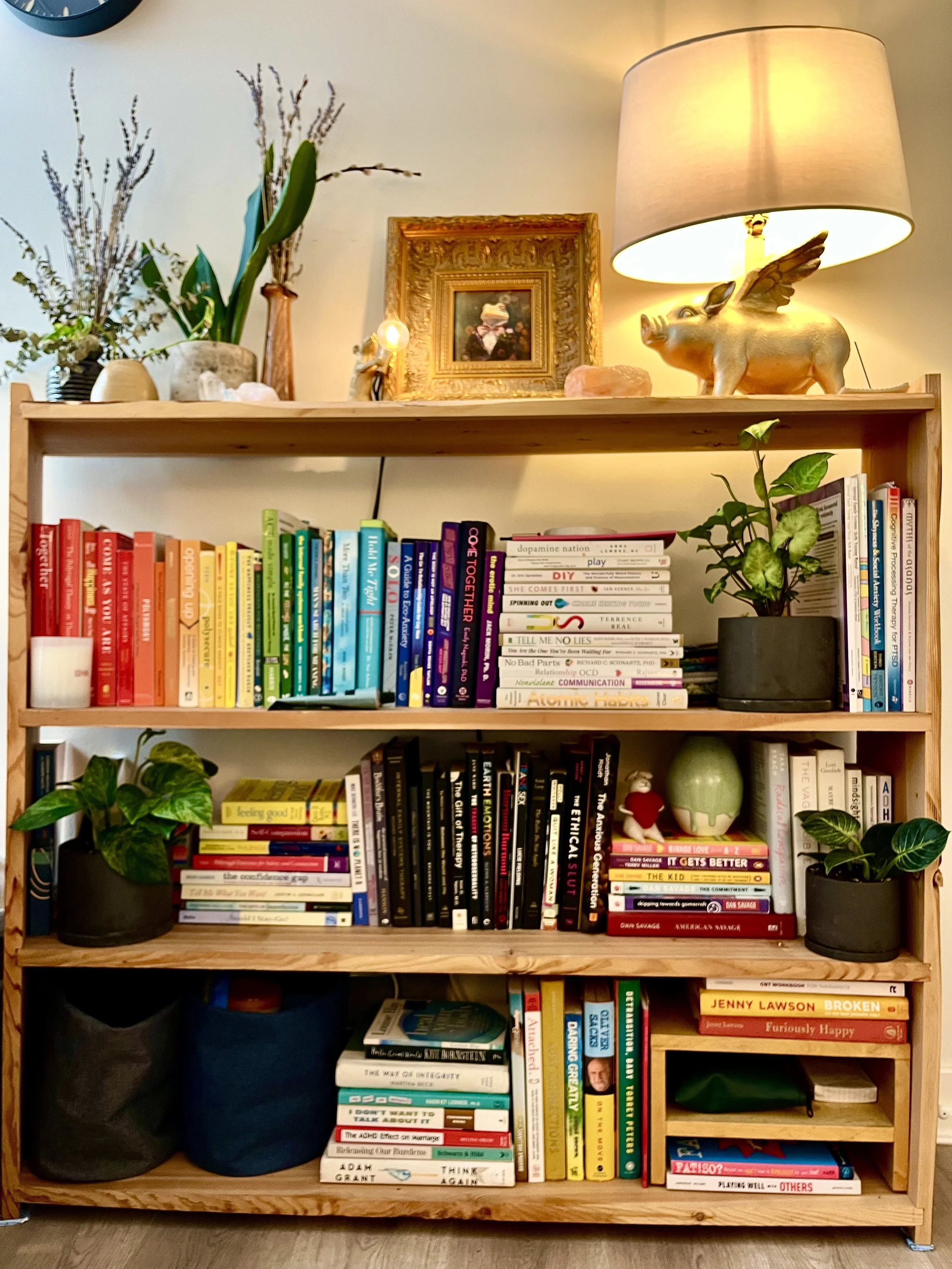 A wooden bookshelf with three shelves filled with colorful books and four potted plants. The top shelf has decorative items, including a framed painting, a pig figurine with wings, and a table lamp with a fabric shade. The middle and bottom shelves c