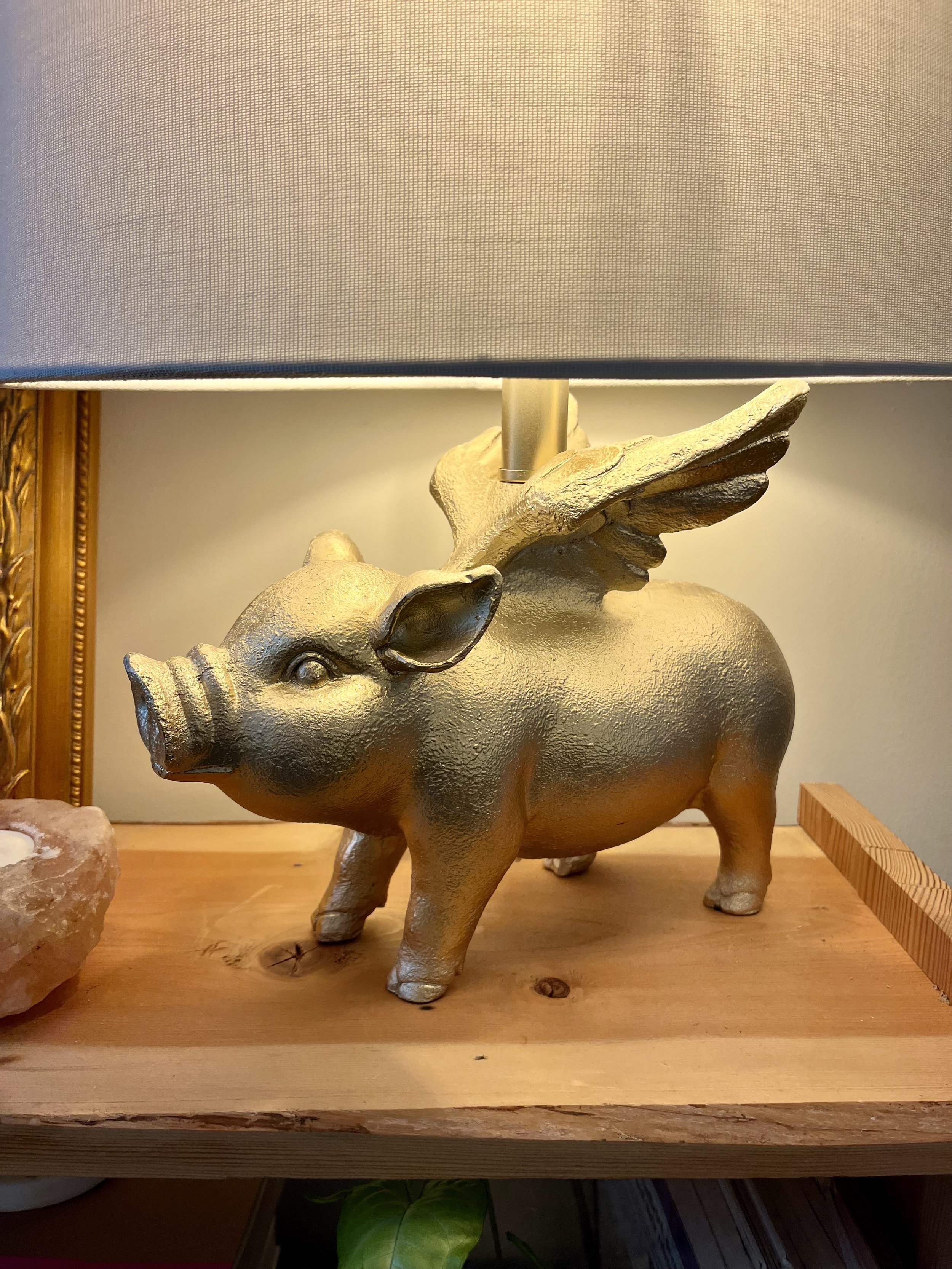 A decorative table lamp with a shade mounted on a base shaped like a flying pig. The lamp is situated on a wooden surface with a piece of wood in the background.
