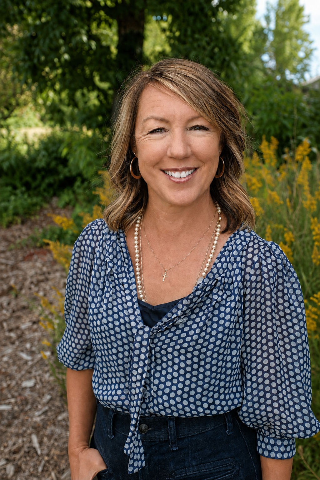 A smiling woman with shoulder-length light brown hair, wearing hoop earrings, layered pearl necklaces, a small gold cross necklace, and a blue polka dot blouse with a tie front, standing outdoors in a garden with green trees and yellow flowers in the background.