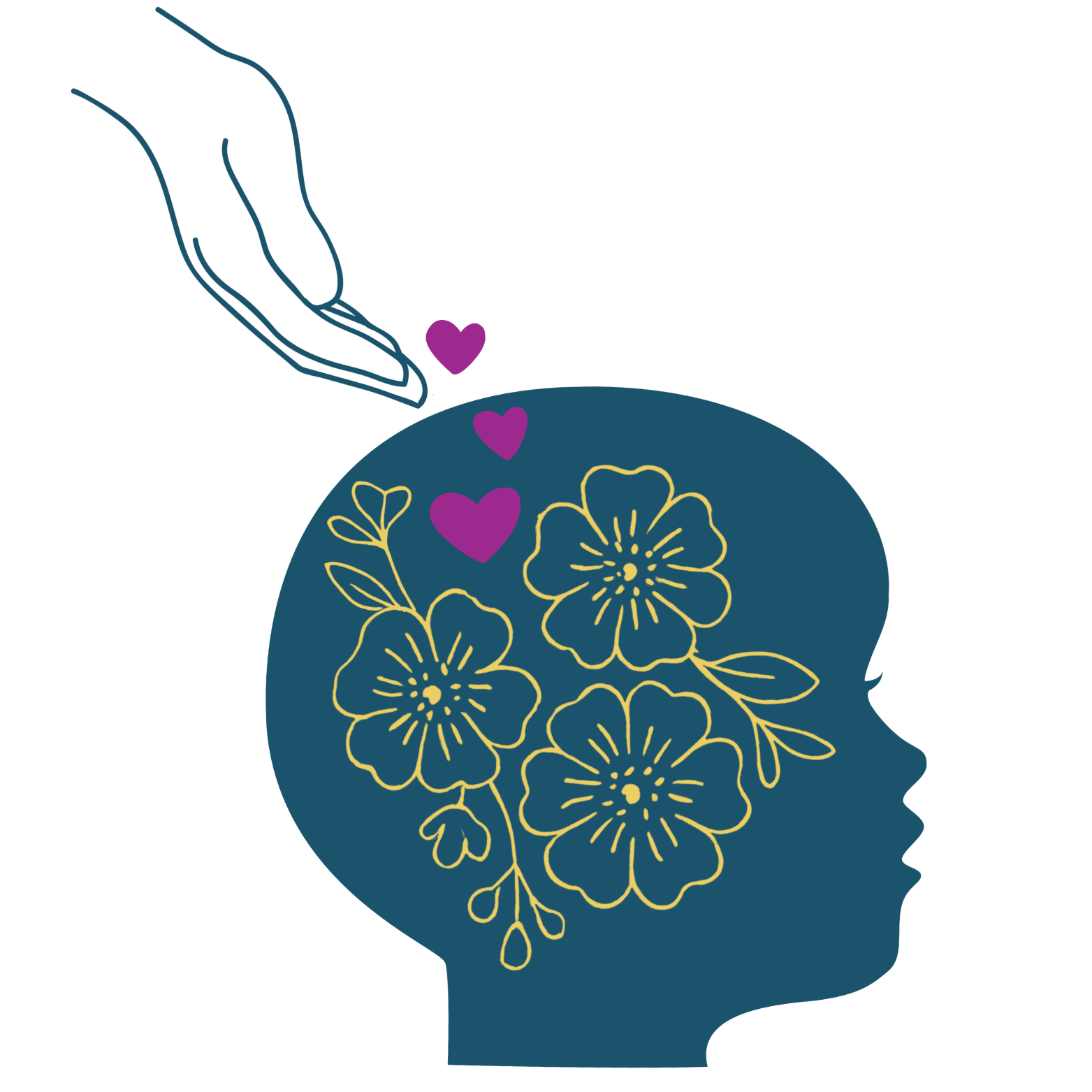 A stylized illustration of a human head in profile with a floral pattern inside the brain area, and a hand dropping purple hearts onto the head.