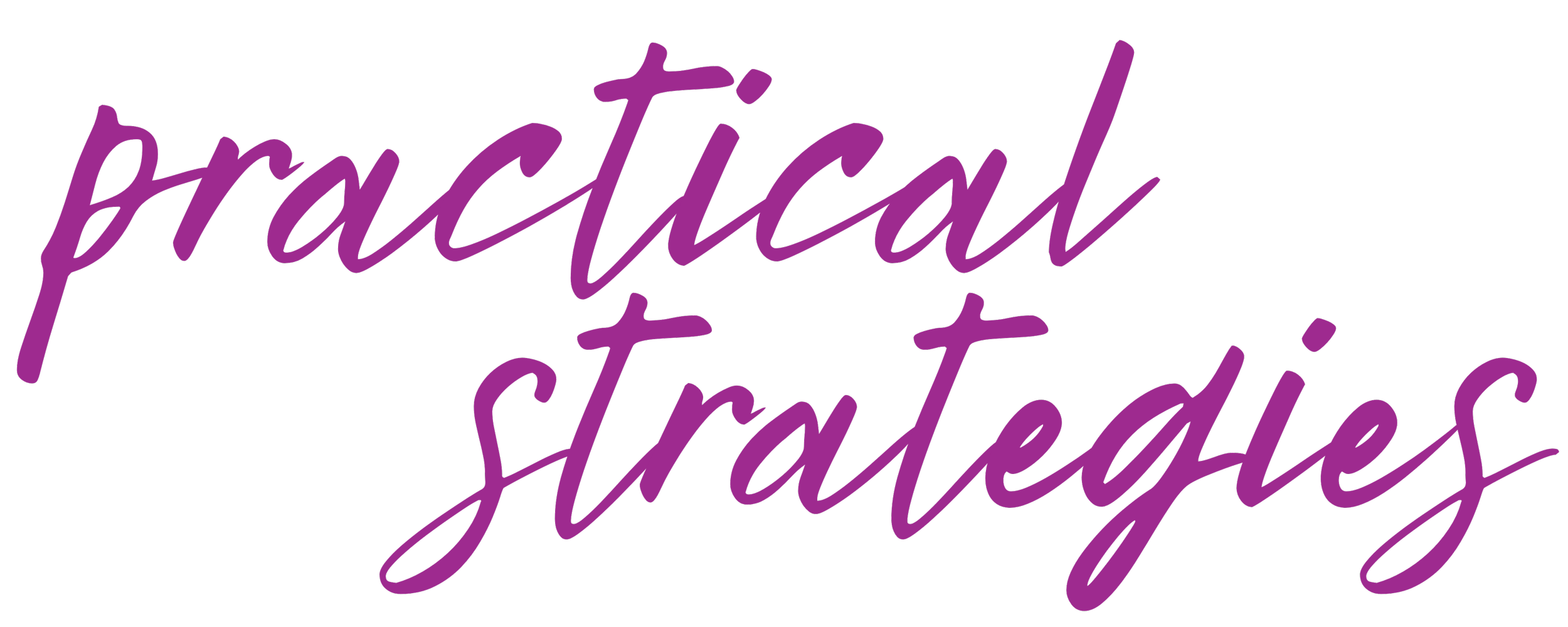 Purple cursive text on black background that reads "practical strategies".