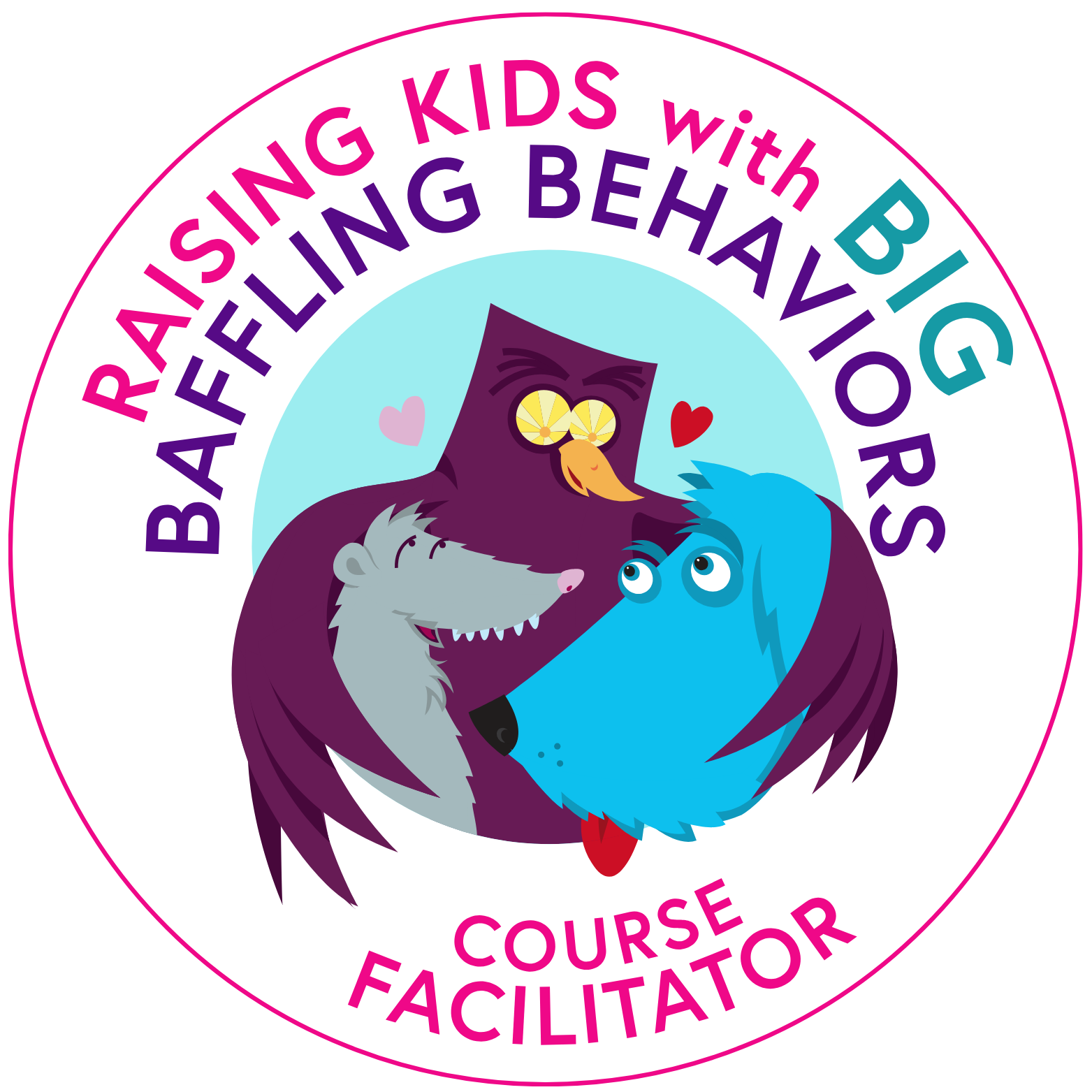A badge with cartoon images of an owl, a wolf, and a horse, surrounded by the text "Bilingual Reading Affiliate Course Facilitator."