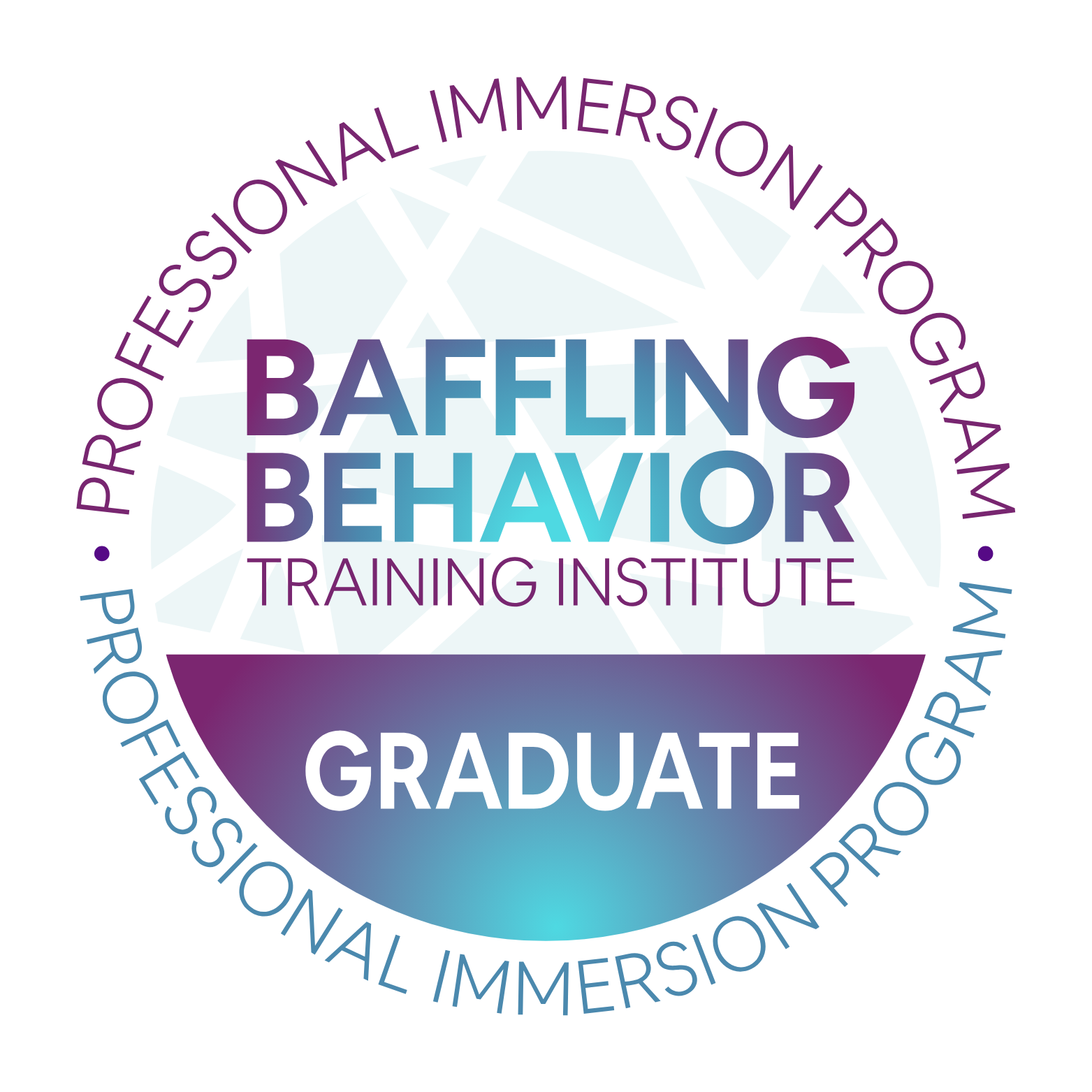 Seal or badge for Baffling Behavior Training Institute with a circular design, purple and blue text, and an abstract globe in the background.