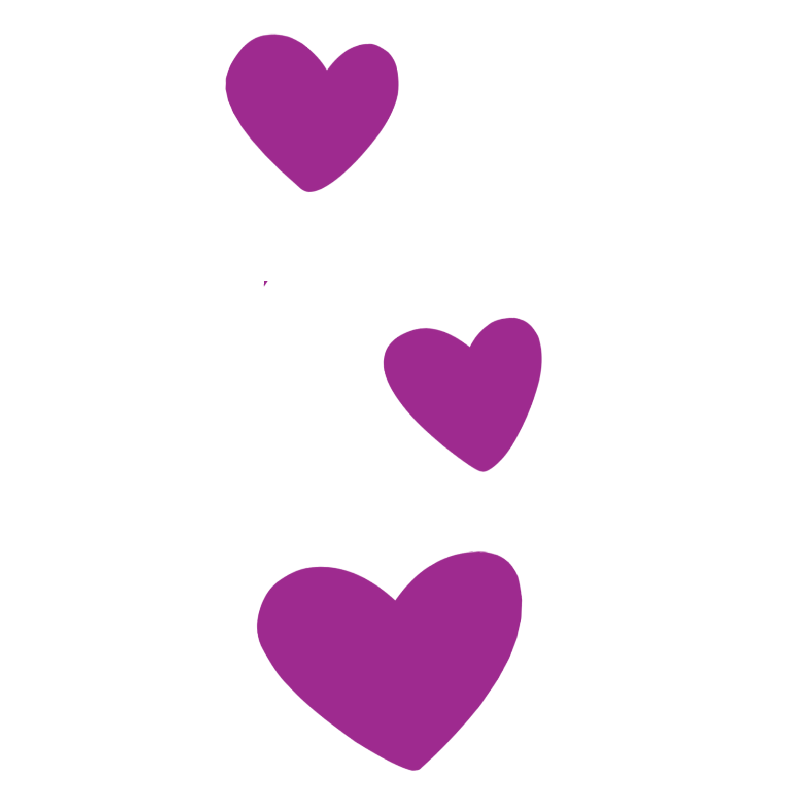 Multiple purple hearts arranged vertically, some overlapping, on a black background.