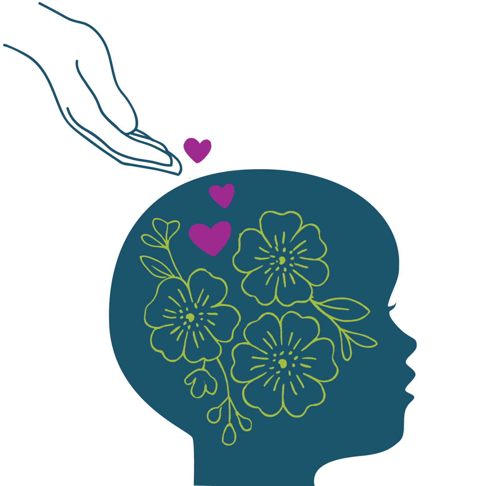 Outline of a human head silhouette filled with floral patterns and hearts, with a hand dropping hearts onto the head