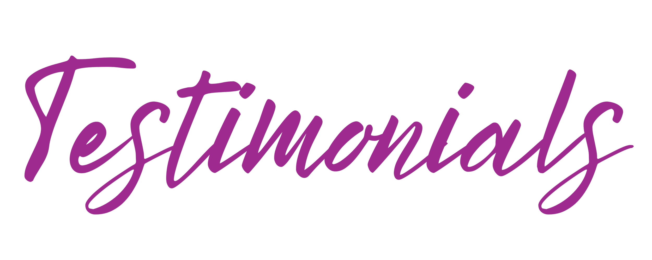 Stylized purple script font reading 'testimonies' on a transparent background.