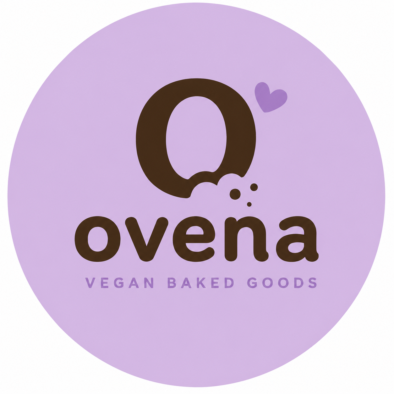 A circular logo with a purple background displaying the text 'Q oveña' in brown, with a small purple heart and bubbles, and the words 'Vegan Baked Goods' in purple underneath.