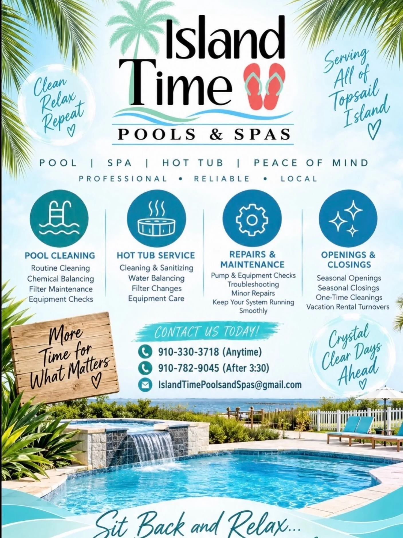 🌴💦 Sit Back, Relax&hellip; You&rsquo;re on Island Time! 💦🌴

Keeping your pool or hot tub clean, clear, and ready to enjoy shouldn&rsquo;t be another thing on your to-do list. Island Time Pools &amp; Spas is here to take care of it for you! ☀️🌊

