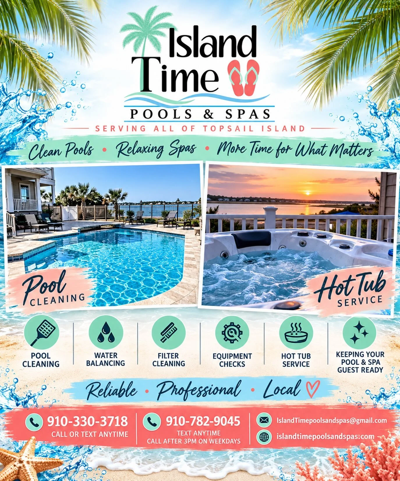 ☀️ Clean Pools. Relaxing Spas. More Time for What Matters. 🌴💦

Let Island Time Pools &amp; Spas take the work out of keeping your pool or hot tub clean, balanced, and guest-ready! Serving all of Topsail Island with reliable, professional service. ?