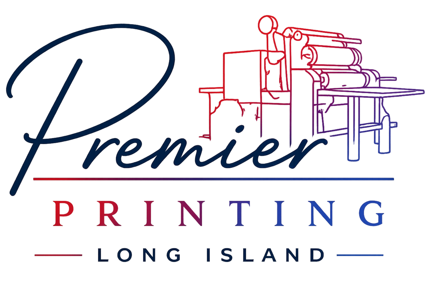 Logo for Premier Printing Long Island. The logo features a stylized outline of a printing press, with the words 'Premier' in cursive and 'PRINTING' in capital letters, with 'Long Island' underneath.