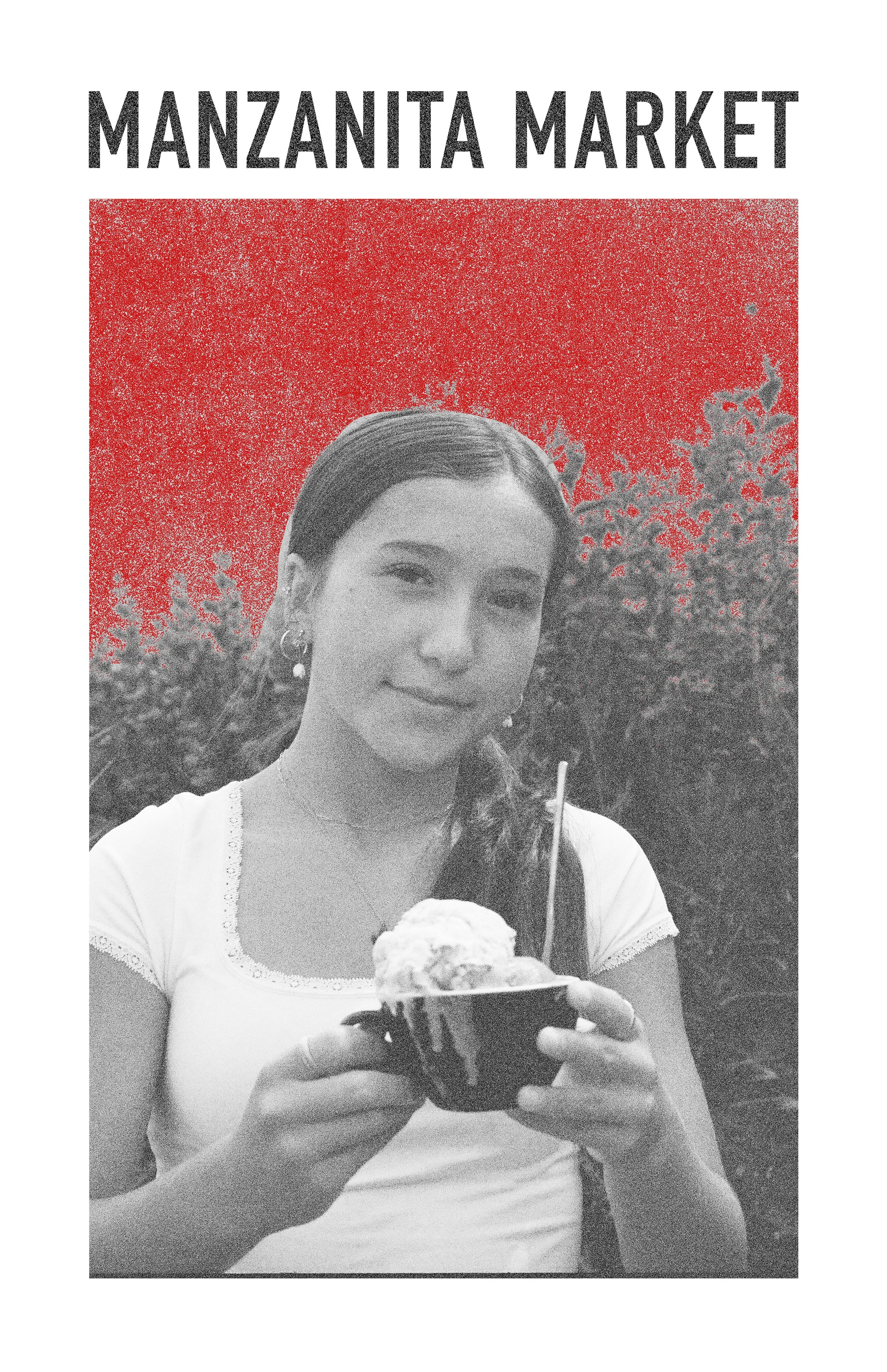 A young woman with dark hair in a braid, wearing a white shirt with lace trim, is holding a glass of ice cream topped with whipped cream and a straw, smiling slightly, outdoors with trees in the background.