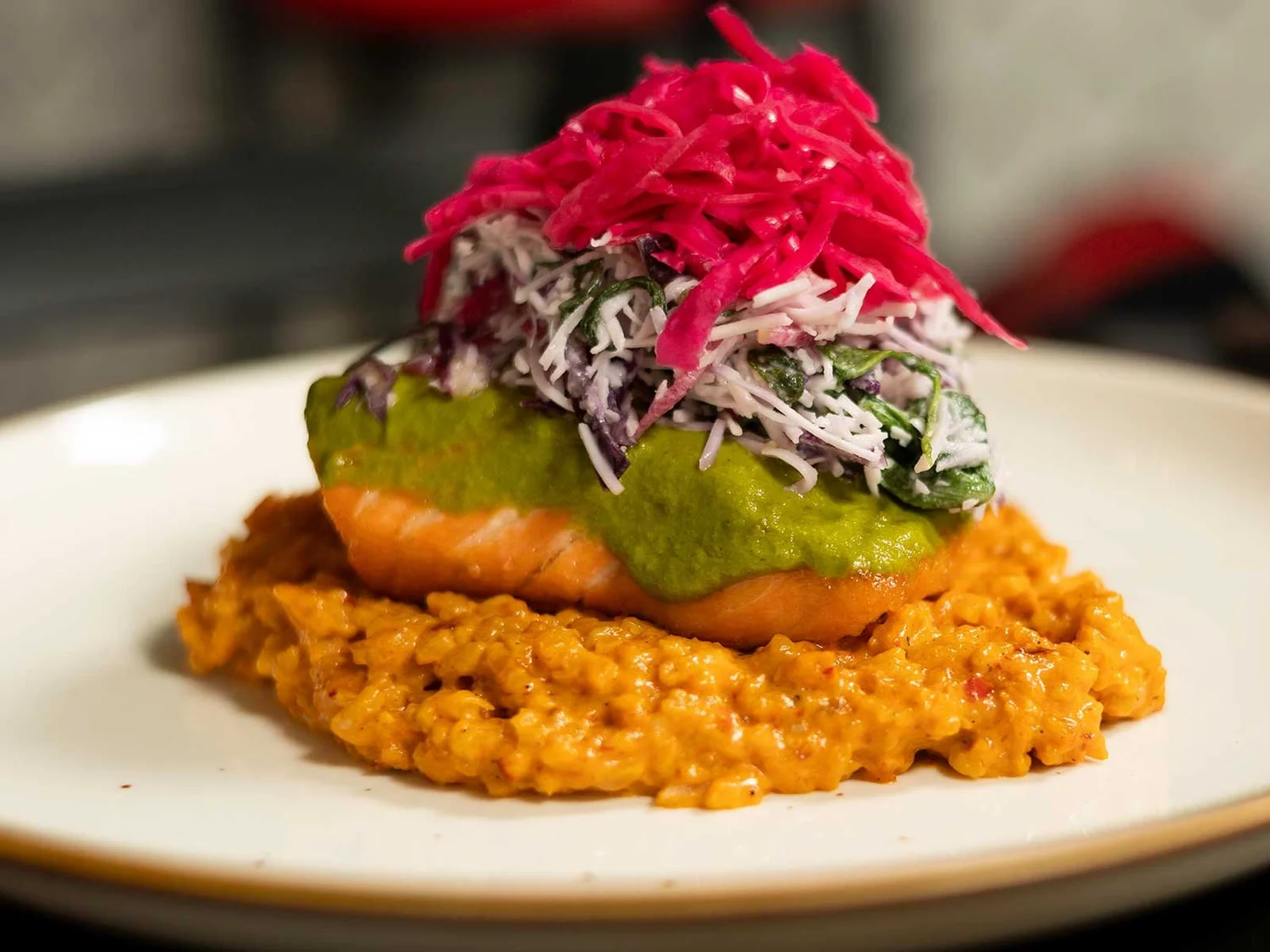 Faroe Island salmon on smoked chile risotto