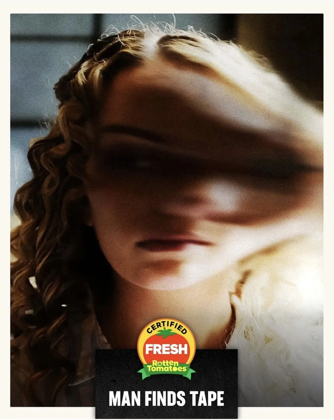 A person with curly hair and a distorted face, with a label reading 'Certified Fresh Rotten Tomatoes' and headline 'Man Finds Tape'.