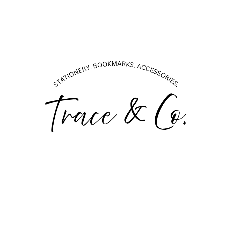 Minimalist black-and-white logo for Trace & Co, a stationery business selling stationery, bookmarks, and accessories.