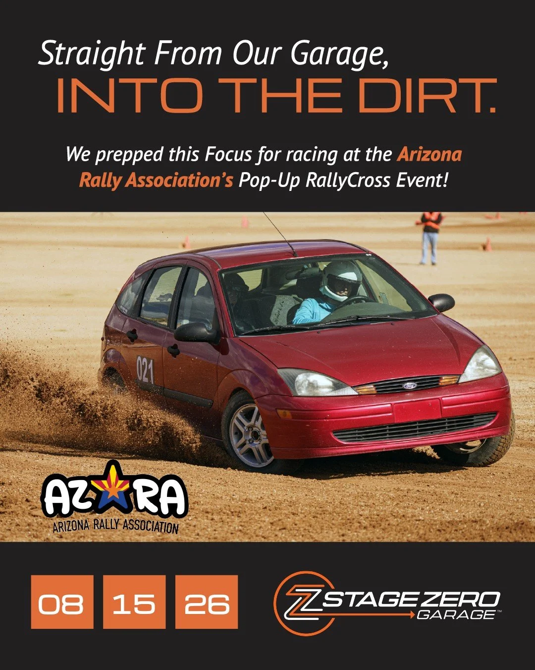 🏁 𝗦𝘁𝗿𝗮𝗶𝗴𝗵𝘁 𝗼𝘂𝘁 𝗼𝗳 𝗼𝘂𝗿 𝗴𝗮𝗿𝗮𝗴𝗲 𝗮𝗻𝗱 𝗶𝗻𝘁𝗼 𝘁𝗵𝗲 𝗱𝗶𝗿𝘁.
This Ford Focus came through Stage Zero Garage for prep work &mdash; and now it's heading to AZRA's surprise pop-up event: Hot Summer Nights, a night of rallycross i