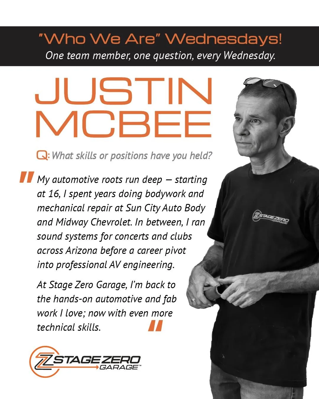 This week on "𝙒𝙝𝙤 𝙒𝙚 𝘼𝙧𝙚 𝙒𝙚𝙙𝙣𝙚𝙨𝙙𝙖𝙮", we ask Justin McBee our second question: "What skills or positions have you held?" 
 
Justin: "My automotive roots run deep &mdash; starting at 16, I spent years doing bod