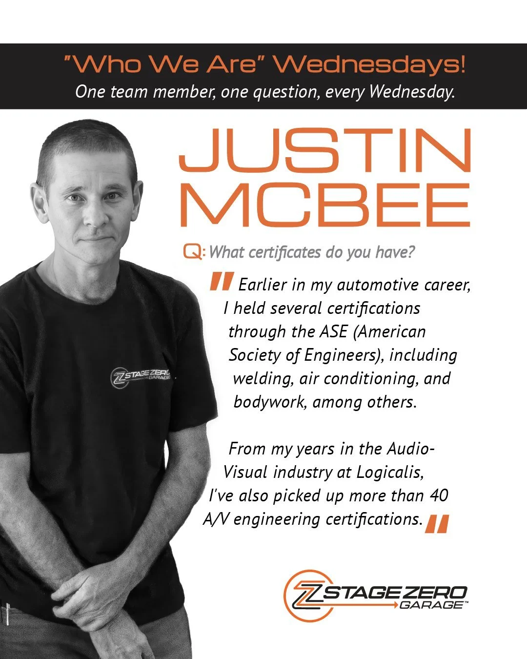 This week on "𝙒𝙝𝙤 𝙒𝙚 𝘼𝙧𝙚 𝙒𝙚𝙙𝙣𝙚𝙨𝙙𝙖𝙮", we ask Justin McBee our third question: "What certifications do you have?" 

"Earlier in my automotive career, I held several certifications through the ASE (American Soci
