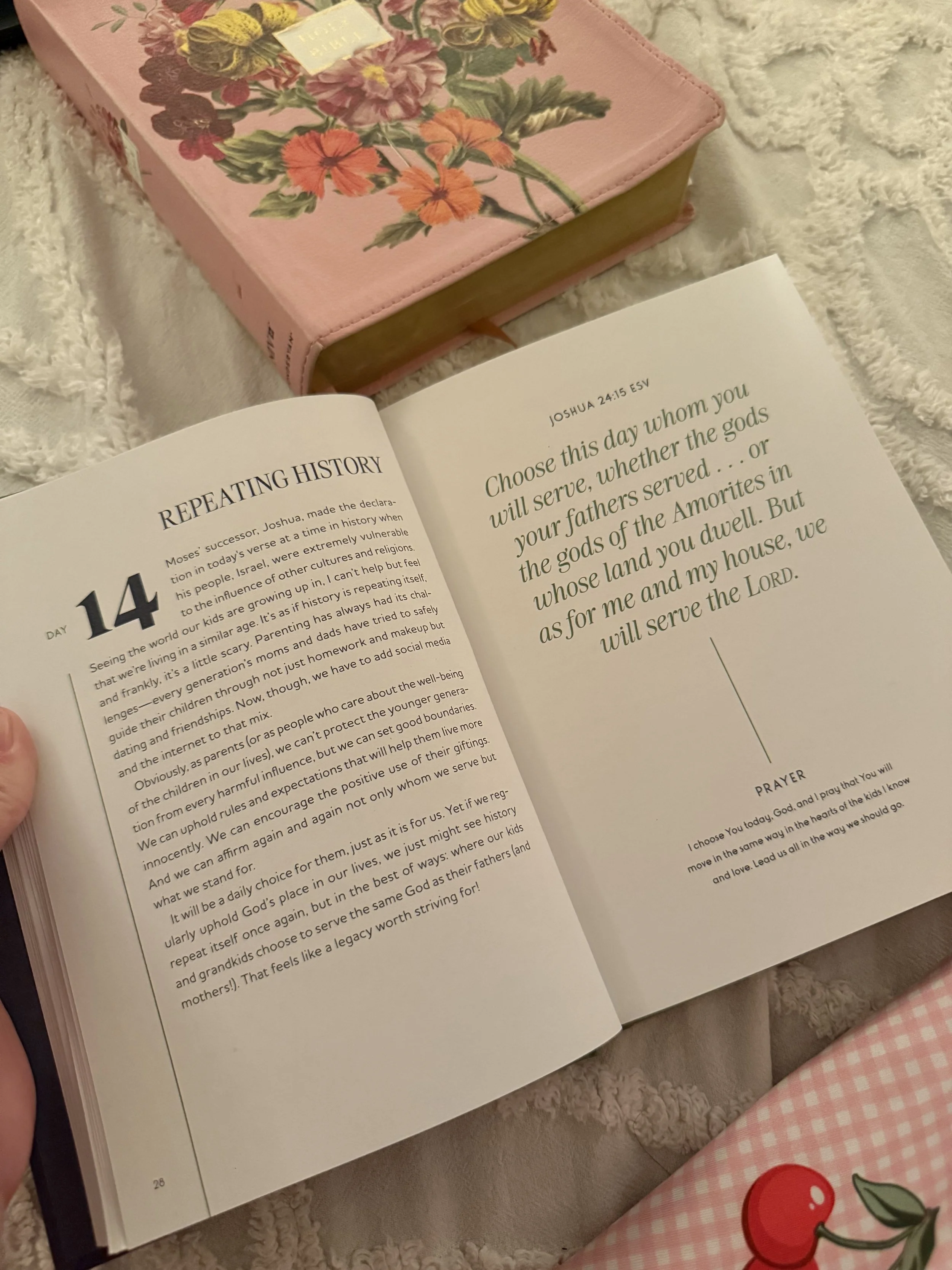 Open Bible with highlighted text on pages 14 and 15, resting on a fluffy surface. A floral pink and red box with a yellow tag and cherries printed on the fabric are also visible.