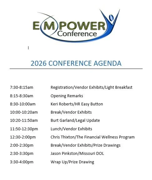 Agenda for the 2026 EM Power Conference, detailing the schedule from 7:30am to 4:00pm, including registration, opening remarks, vendor exhibits, updates, lunch, financial wellness program, prize drawings, and wrap-up.