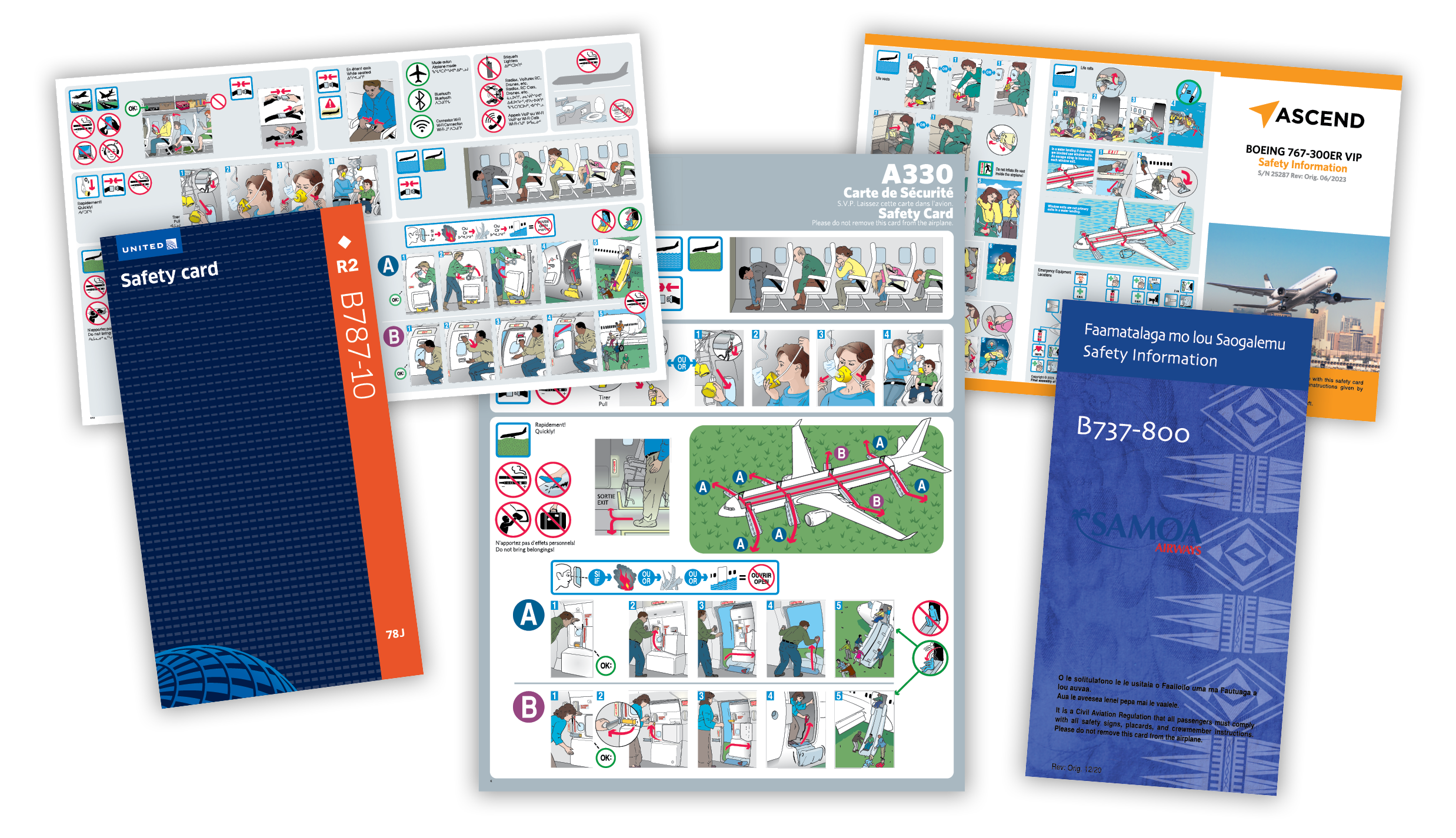 A sampling of safety cards created by Aero Safety Graphics