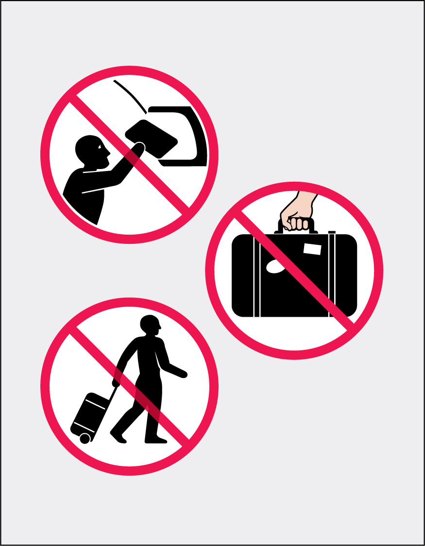 Aero Safety Graphics' symbols clearly instructing passengers not to retrieve, carry, or leave with personal belongings during an evacuation