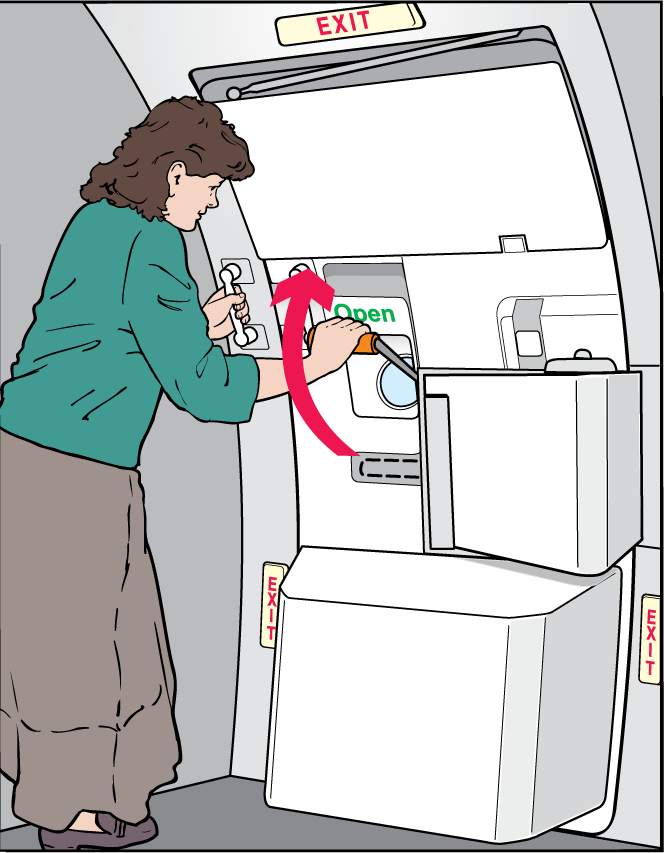 Aero Safety Graphics' illustration showing a passenger opening a door from an angled perspective