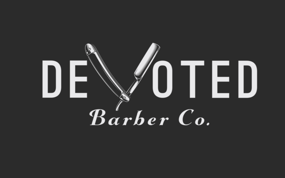 Logo for Devoted Barber Co. featuring a straight razor and a straight razor blade crossing each other above the text.