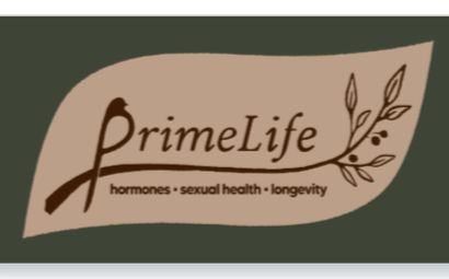 PrimeLife logo with a leaf and branch design, featuring the words "hormones, sexual health, longevity."