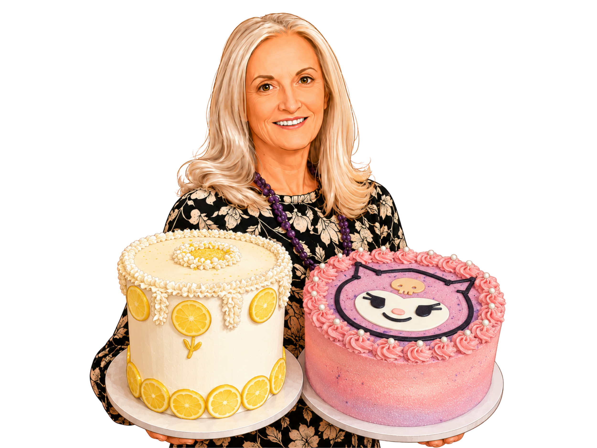 A woman with long blonde hair smiling at the camera, wearing a black floral dress and purple beaded necklace, standing behind two decorated cakes with birthday themes.