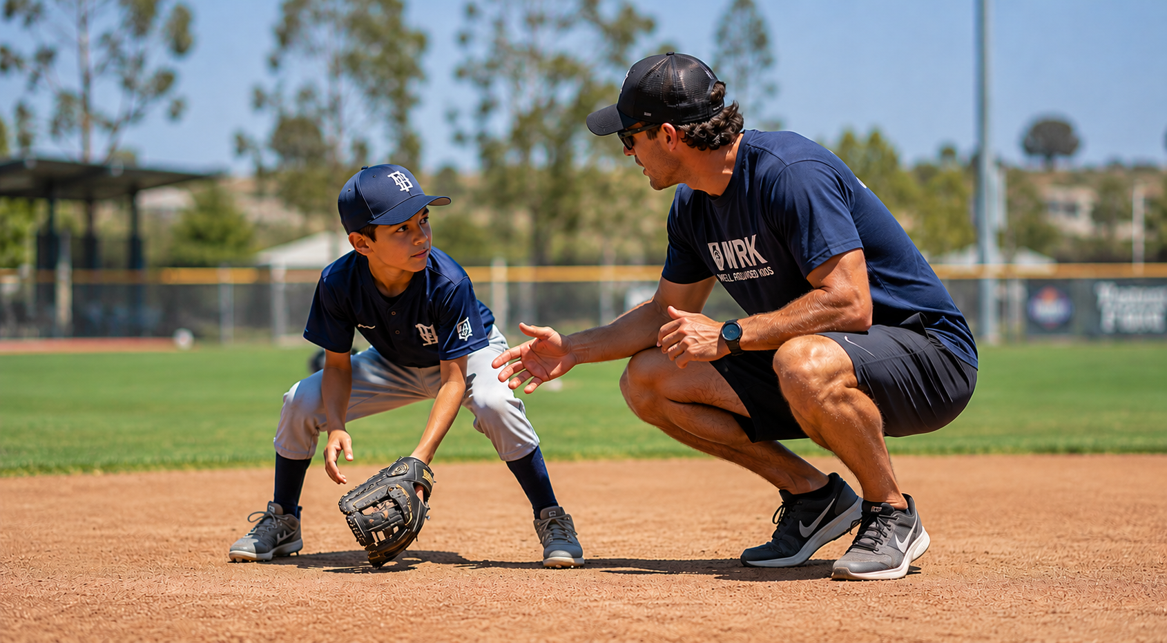 A young baseball player crouching on the field facing an adult coach who is crouched and gesturing to the young player, during a sunny day.