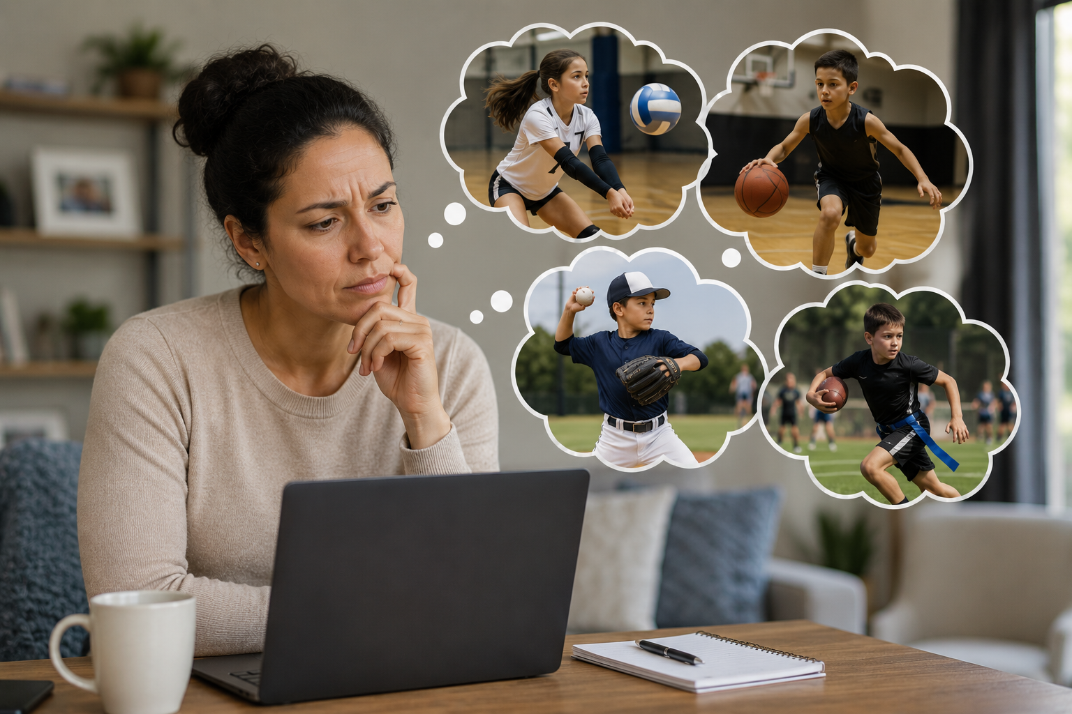 A woman sitting at a desk looking thoughtful as she considers various sports, including volleyball, basketball, baseball, and football, represented in thought bubbles.