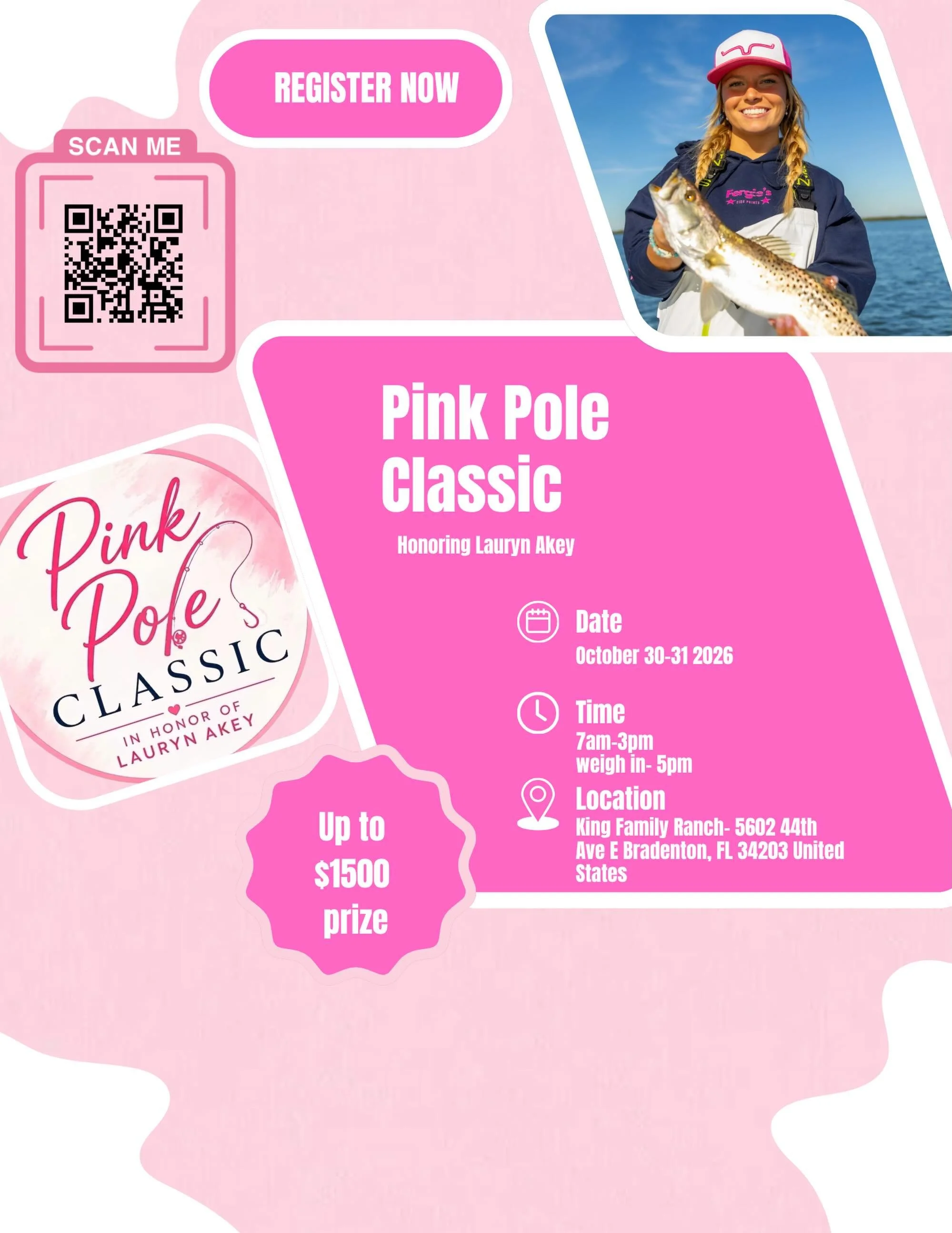 🩷Join us for the 1st Annual Pink Pole Classic in honor of Lauryn Akey. Registration is now open&mdash;scan the QR code or contact us to sign up and help us celebrate Lauryn&rsquo;s love for fishing and the outdoors. #lovelikelauryn