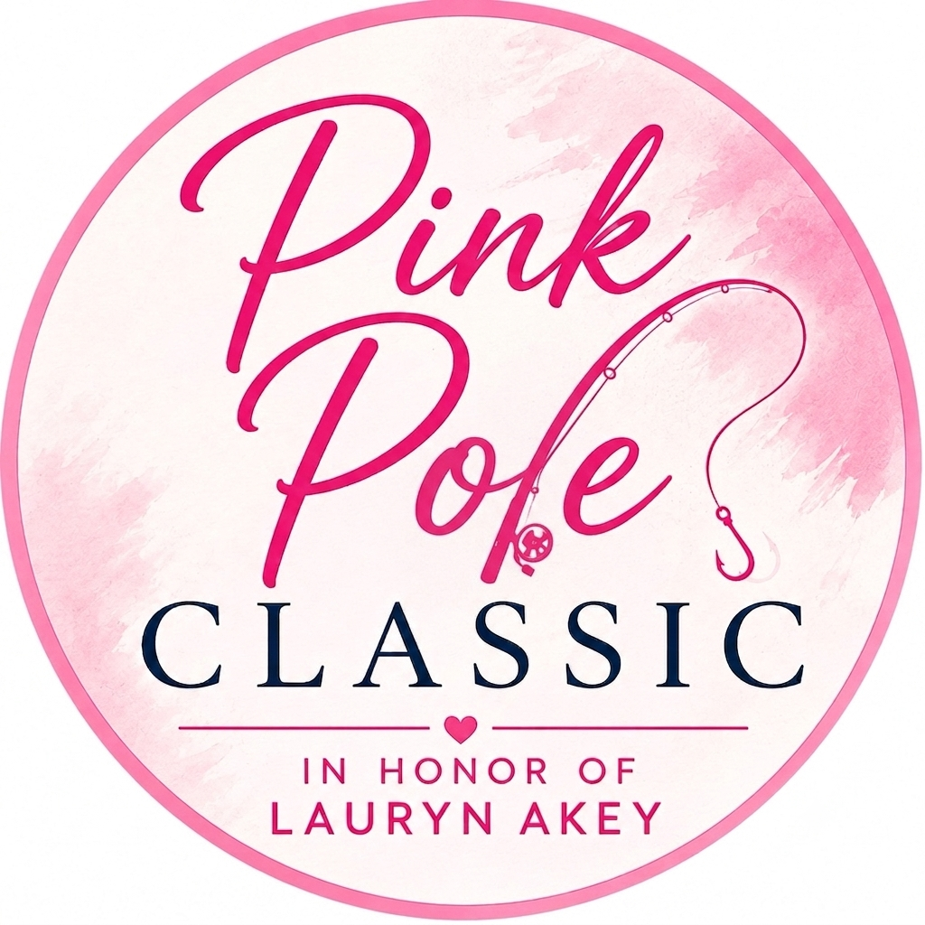 Pink Pole Classic logo with pink and white background, featuring a fishing pole illustration and text honoring Lauryn Akey.