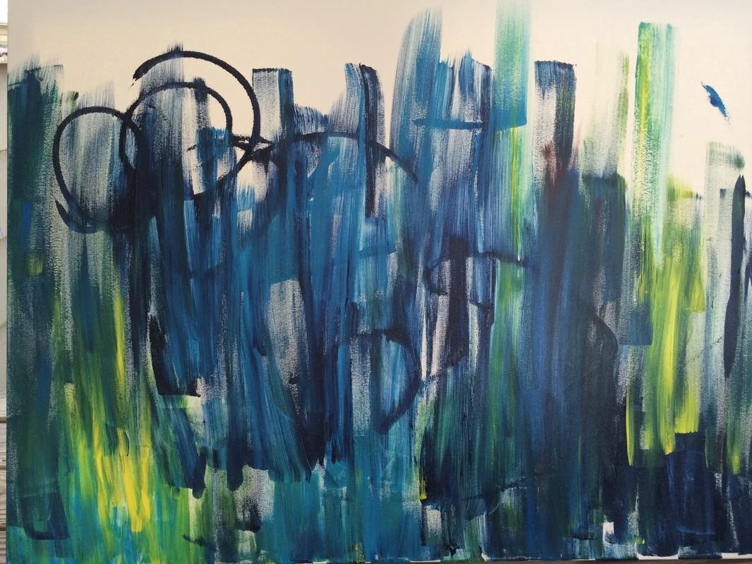 Abstract painting with blue, green, black, and white brushstrokes and circular black lines.