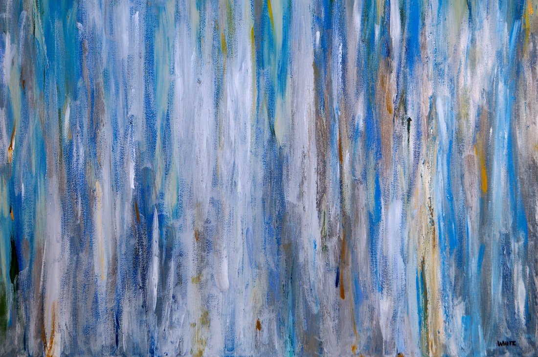 Abstract painting with vertical streaks of blue, white, green, and brown colors.