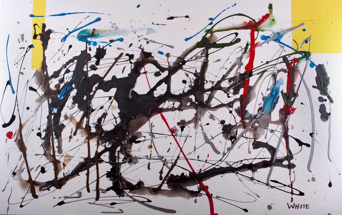 Abstract expressionist painting with splatters and drips of black, blue, red, green, yellow, and gray paint on a white background.